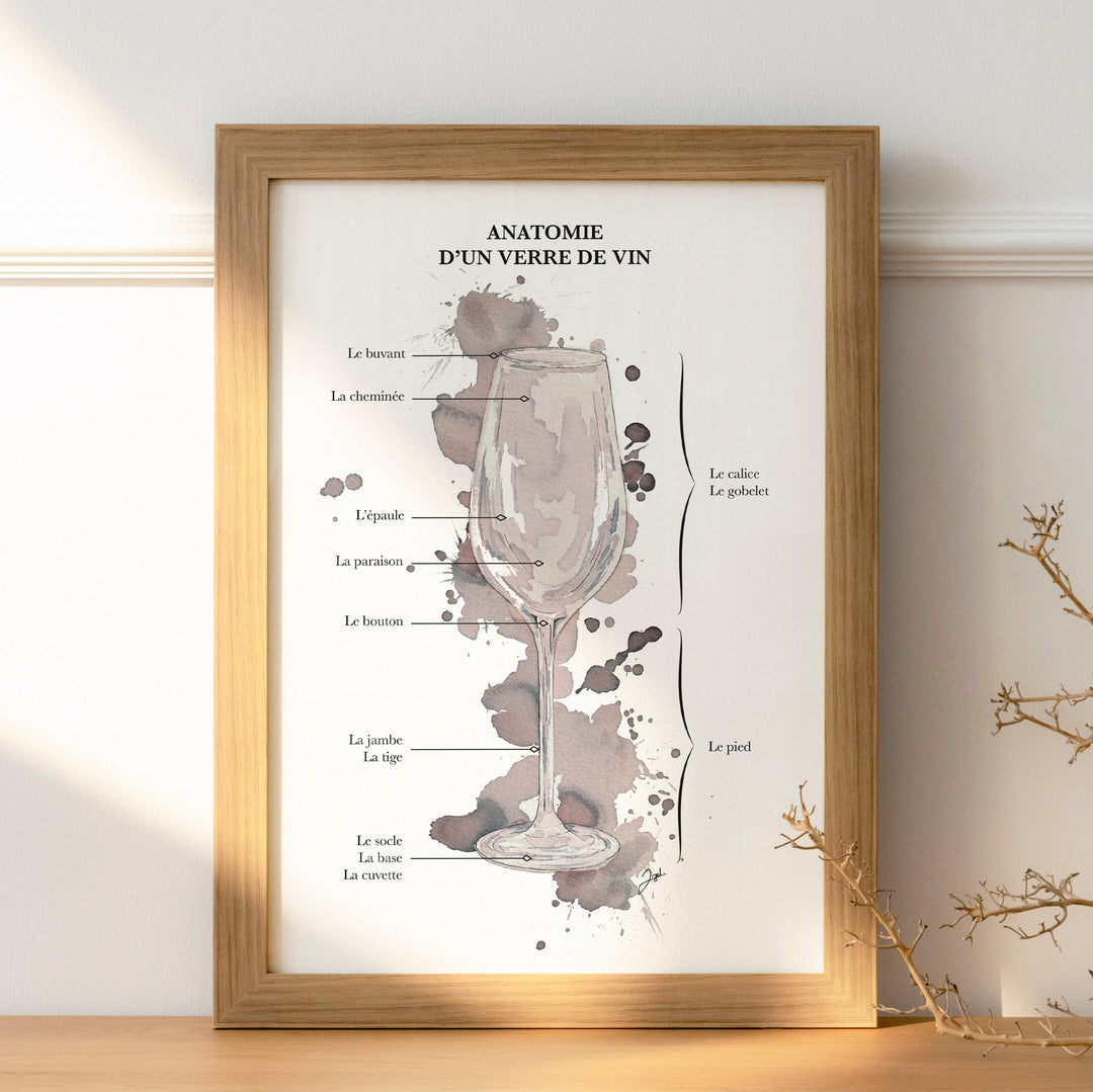Affiche vin-Anatomie d’un verre de vin – A4, 30x40, 40x50 - Illustration vin décor murale