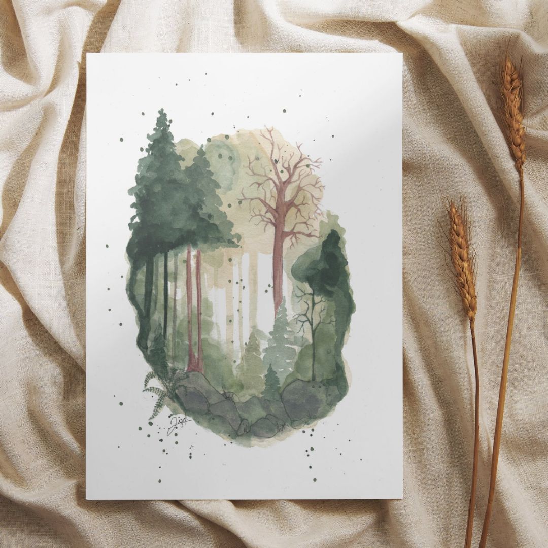 Affiche La Forêt — Illustration Alpes, vin & aquarelle (A4 et carte postale)